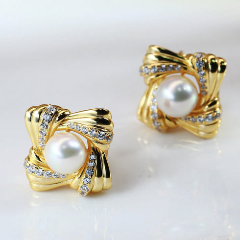 Twisting Square Zirconia Pearl Gold Stud Earrings – Vintage Luxury